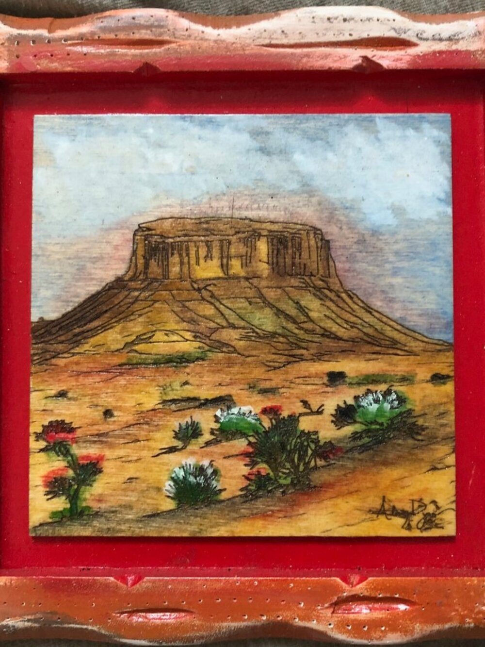 Flat Top Mountain Landscape Wood Burned Framed Art 6 x 6